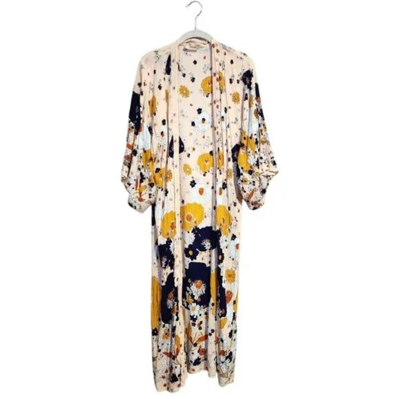 Free People Hidden Hills Floral Flowy Maxi Kimono Duster in Ivory & Yellow OS - Picture 9 of 10